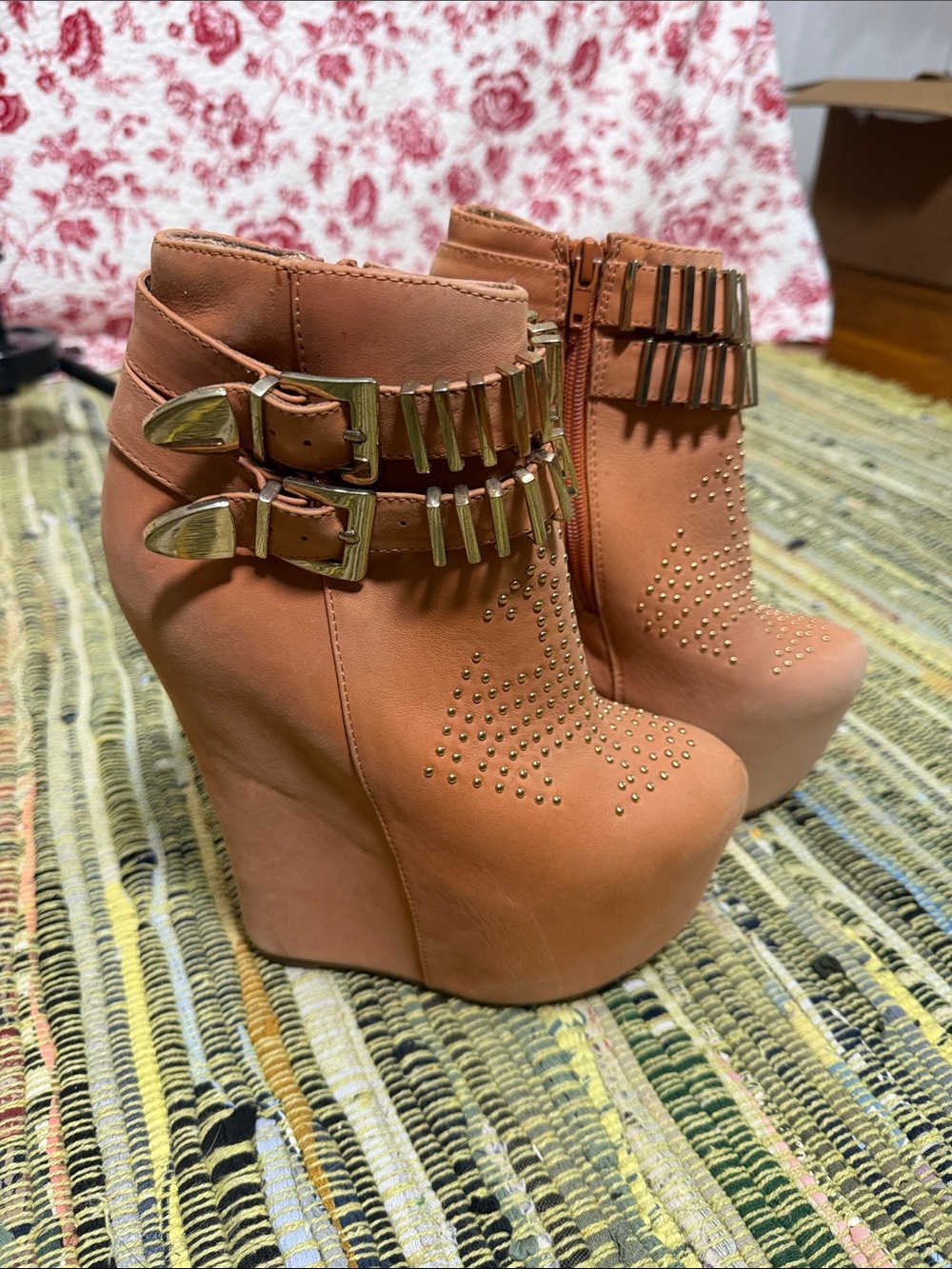 Jeffrey Campbell Cognac Wedge Ankle Boots with Buckle Straps